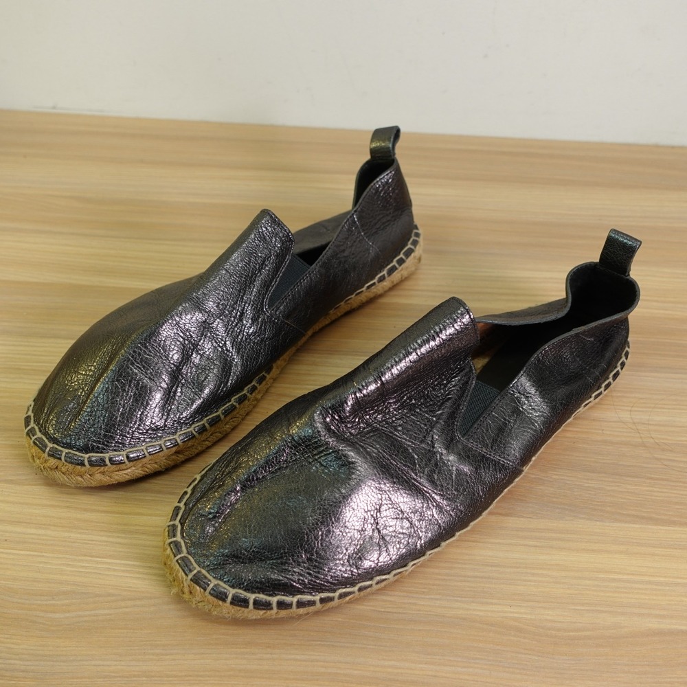 Leather Espadrille Flats Womens 10 M Metallic Pewter Gray VINCE Slip On Loafer